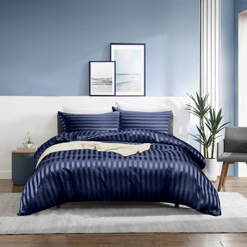 Kanheya Microfiber 250 TC Reversible Stripe Duvet Cover Set with Pillowcases, Kingsize - 2 Standard Pillowcases, Navy