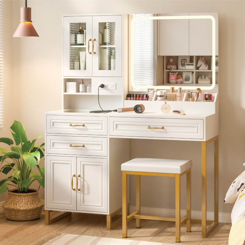 43"Wide Makeup Vanity Set With Light and Mirror and Power Outlet, White/Gold