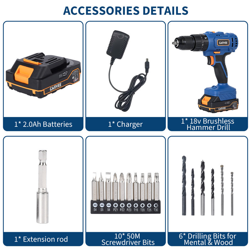 18V Cordless Hammer Drill Kit, 45N·m High Torque, 13mm Keyless Chuck, 2x2.0Ah Batt & Fast Charger, 20Pcs Bits, LED Light for Home Workshop