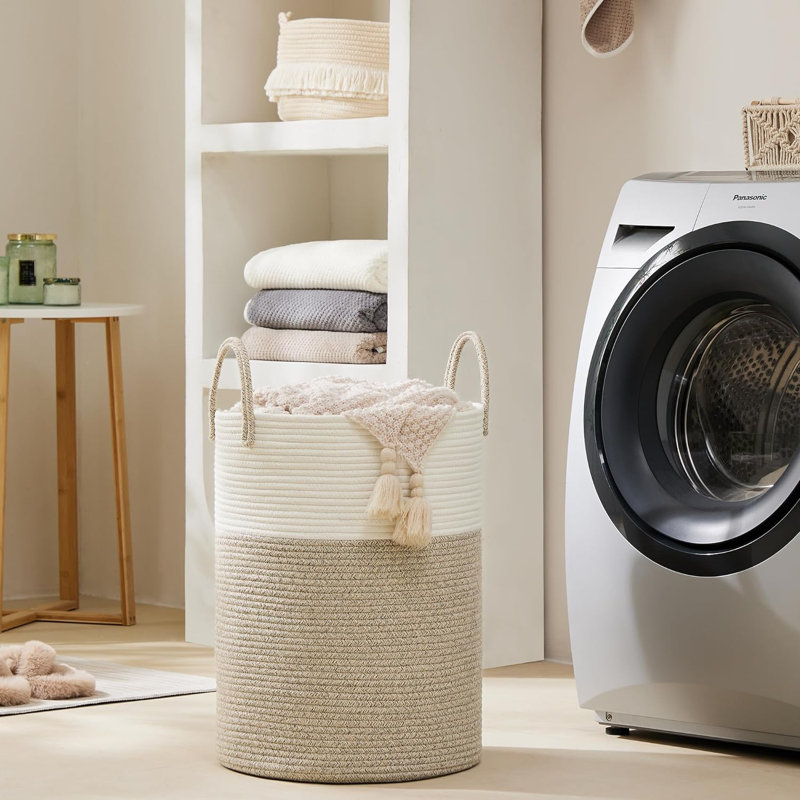 Fabric Laundry Hamper with Handles, White/Brown