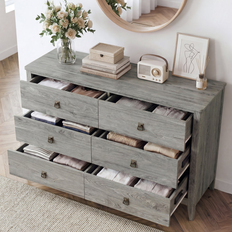 Farmhouse 6 Drawers Dresser Chests For Bedroom, Gray