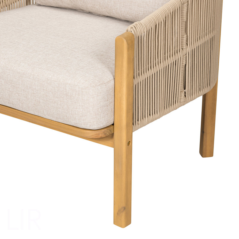 Grotta Outdoor Wood Club Chair, Beige Rope With Beige Cushion, Set Of 2, Chair, Beige
