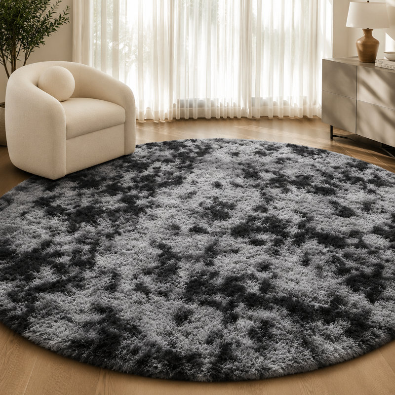 Ebern Designs Soft Fluffy Tie-Dyed Dark Grey Shag Area Rug for Living Room Bedroom Nursery Kids Room, Round 7'