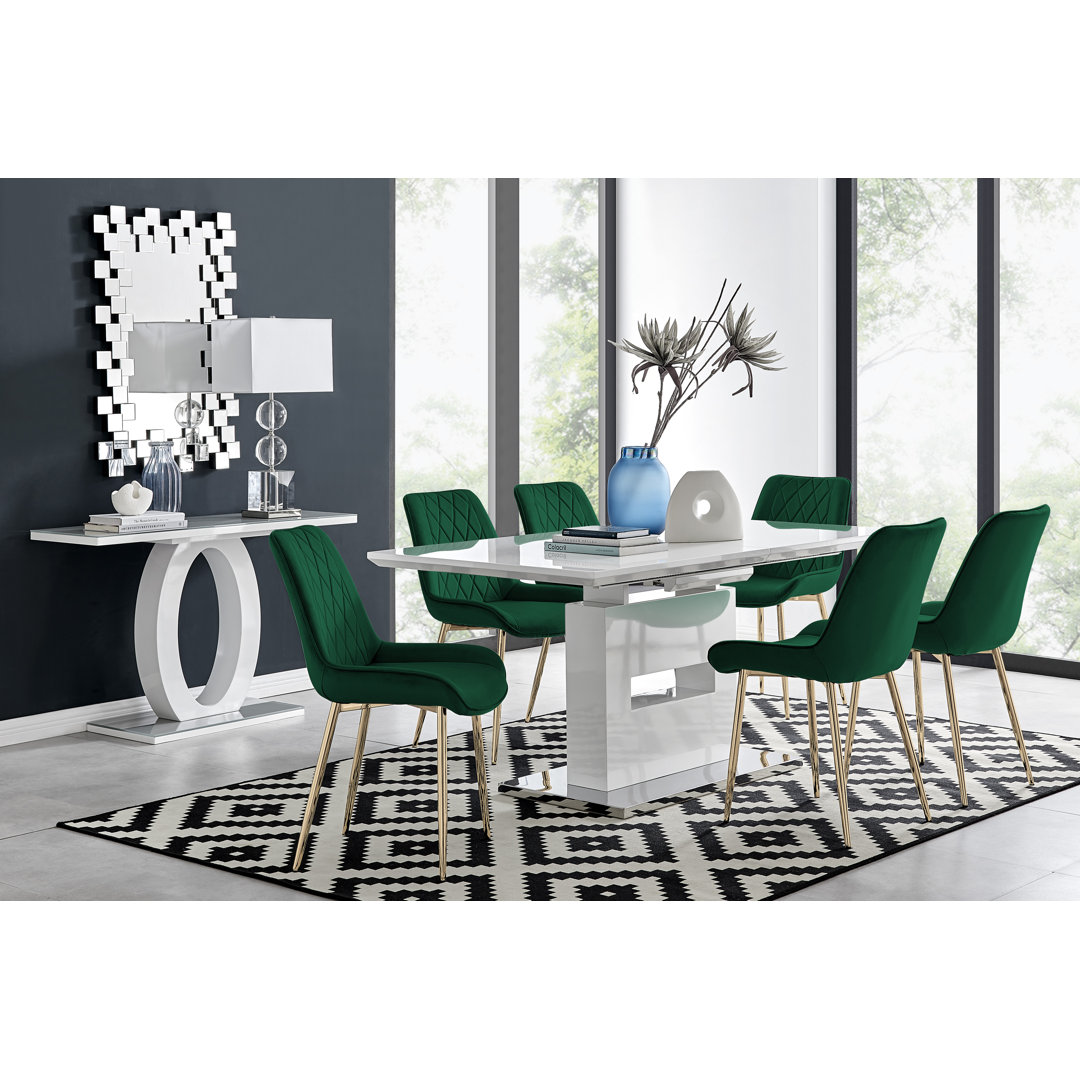 Alezzo Modern High Gloss Extendable Dining Table Set with 6 Luxury Velvet Dining Chairs