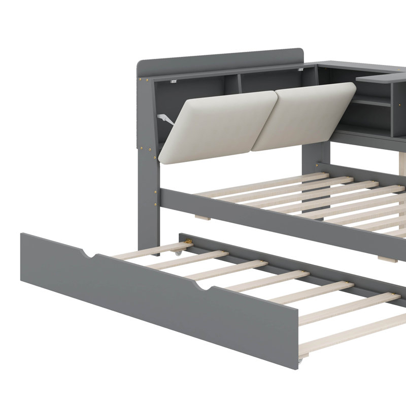 Lit plateforme simple avec lit gigogne, tablettes et tête de lit, gris