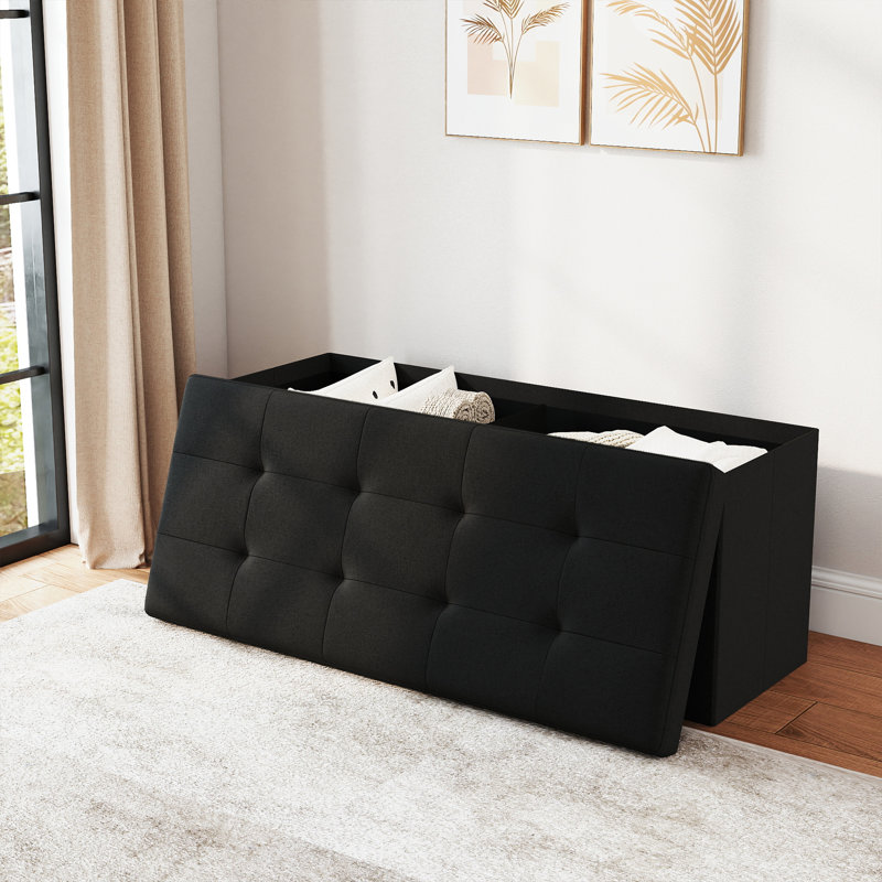Folding Storage Ottoman Bench, 43.5" Large Capacity Foot Stool, Wooden Top, Black Linen, Black-43.5", Linen