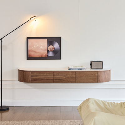 63" Modern Walnut Floating TV Stand Wall-Mounted TV Media Console with 3 Drawers, Fully-Assembled