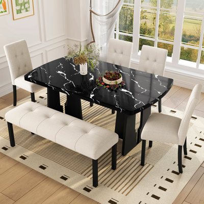 Modern Tufted Linen Dining Bench, Farmhouse Upholstered Entryway Bench With Black Rubber Wood Legs