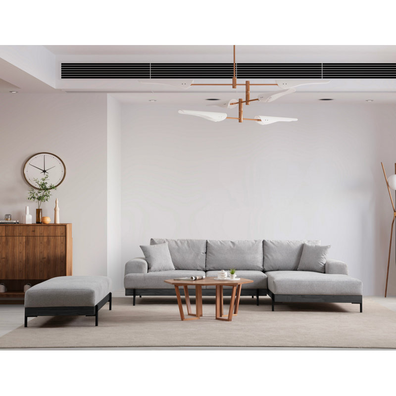Élégant canapé d'angle avec structure en bois de hêtre, tissu 100% polyester, couleur grise | Dimensions: 110,2 po x 66,9 po x 30,7 po | Coussins en mousse douce et en plumes pour un confort ultime | Pieds en métal noir, tissu nettoyable à sec