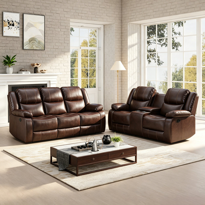 Kamarli Leather Manual Reclining Living Room Set, Brown