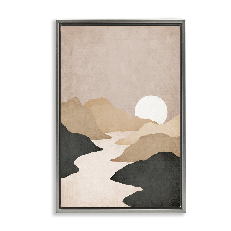 «Beige Mountains with Stream Floater» par JJ Design House LLC, Cadre flottant gris lustré, H 31 po x l 21 po