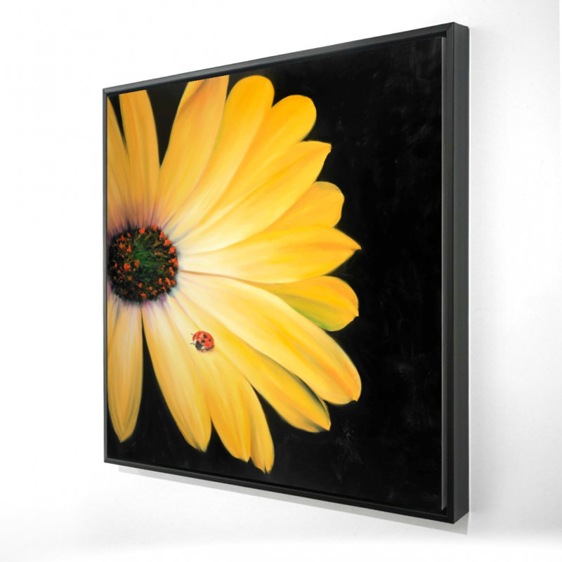 «Yellow Daisy and Ladybug» - Art contemporain sur toile encadrée