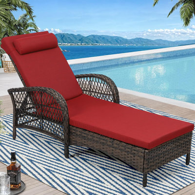 Méridienne d'extérieur, méridienne inclinable longue en osier avec coussin, méridienne inclinable à 6 positions avec dossier réglable pour la piscine, accoudoirs et coussins, rouge