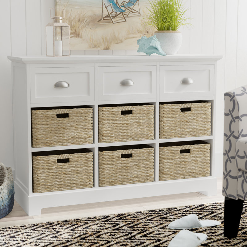 Commode décorative à neuf tiroirs Brizeth, Blanc cassé