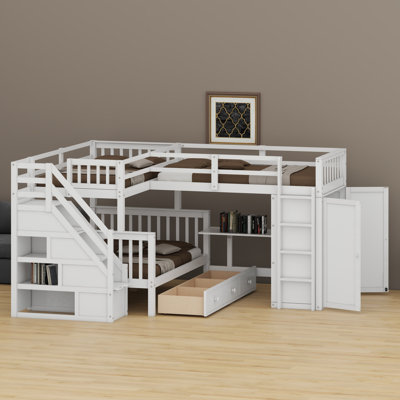 Lit superposé en L avec tiroirs intégrés, bureau mobile et garde-robe intégré