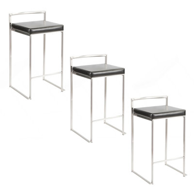 Fuji 26" Contemporary Stackable Counter Stool In Brushed Stainless Steel With Black Faux Leather By Lumisource - Set Of 3