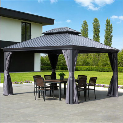 13X15ft Outdoor Gazebo, Hardtop Gazebo With Galvanized Steel Double Roof, Metal Gazebos With Drainage System Patio Pergola For Patio Deck Backyard,Curtain And Netting