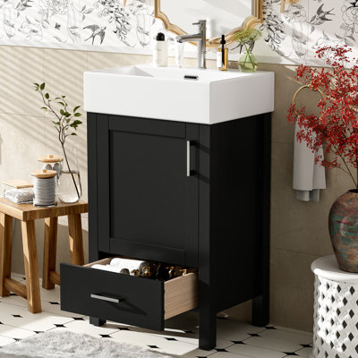 Meuble-lavabo de 20,3 po avec lavabo en céramique, tiroirs à fermeture douce et à dossier ouvert pour une structure de plomberie facile, poignées en alliage d'aluminium, fonctionnement silencieux des portes