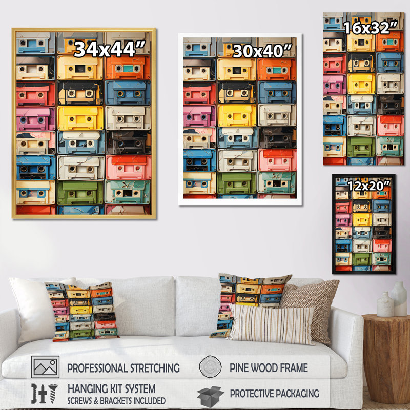 Art mural rétro sur toile, Pop Art Cassette, Popart Cassette Tapes X, Cadre doré, H 40 po x l 30 po x P 1,5 po