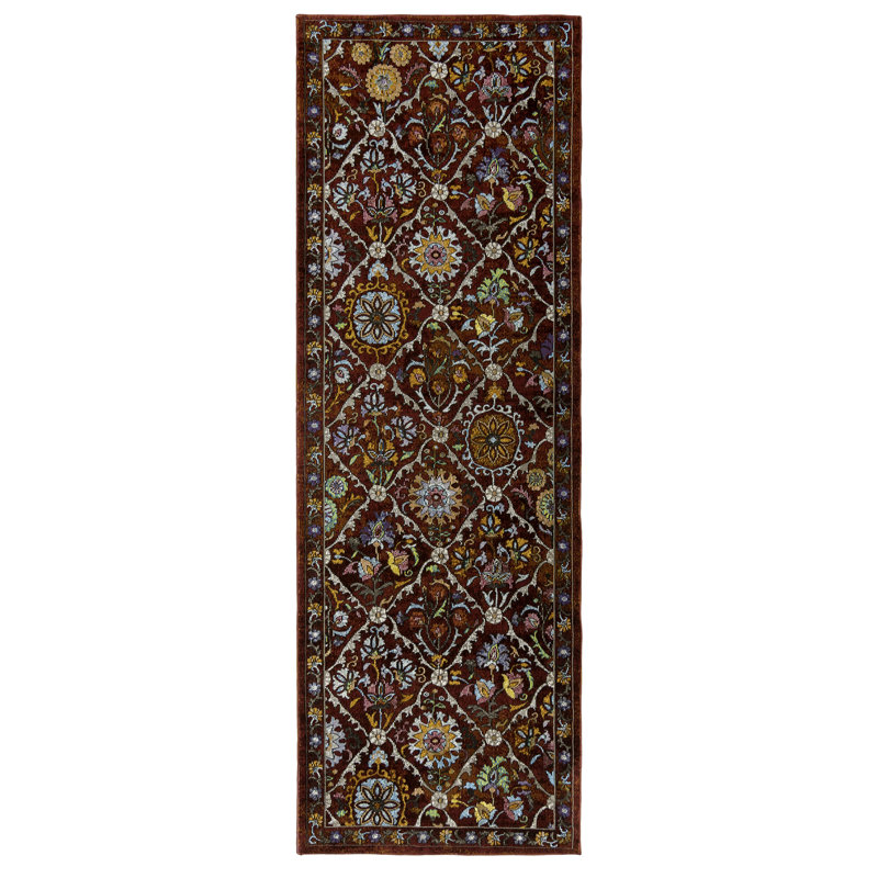Tapis transitionnel à mini-médaillon à motif floral rouge Isabella Bizet, Tapis de couloir 2 pi 7 po x 8 pi