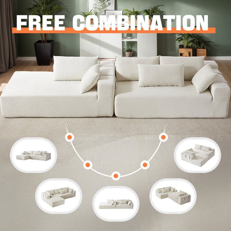 108" Modular Sectional Sofa With Left/Right Chaise And 6 Pillows, Beige Chenille, Left Hand Facing