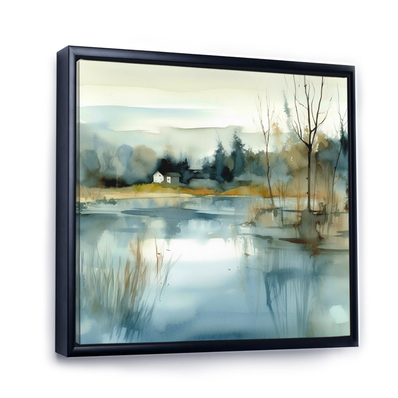 Summer Lake Landscape Illustration V - Lake, art mural, Cadre flottant noir, H 24 po x l 24 po x P 1 po