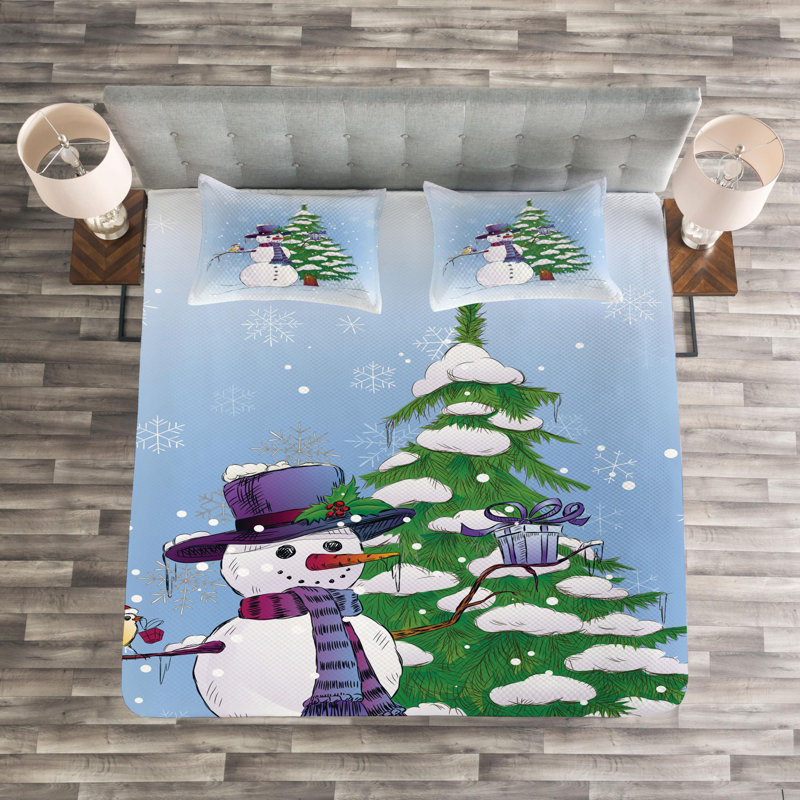 Blue Microfiber Queen Quilted Bedspread Set with Snowman Design