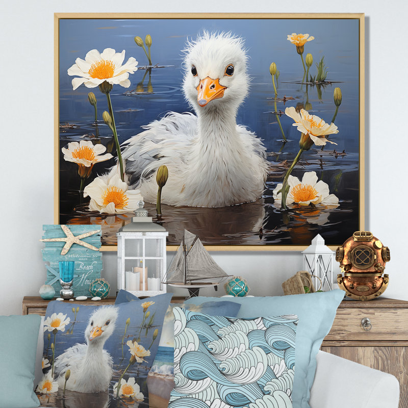 «Blue Duck», art mural canard bleu et blanc, Cadre flottant brun, H 30 po x l 40 po x P 1,5 po