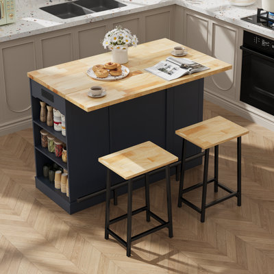 Kitchen Island With Storage Cabinet And Trash Cabinet,  3 Pieces Kitchen Dining Table Set With 2 Stools And Drop Leaf
