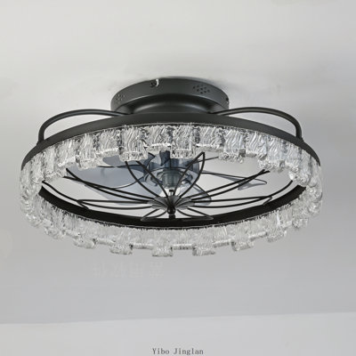 Rustic Black Flower Caged Ceiling Fan with Light and Remote, Low Profile LED Flush Mount