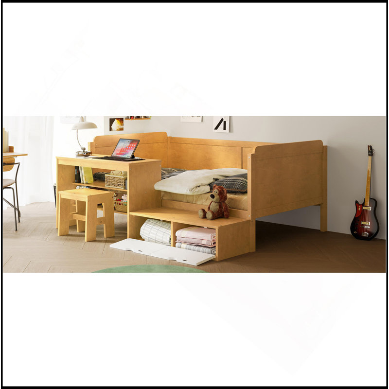 Wooden Daybed With Storage Shelves And Lockers, Multi-Functional Bed With Study Desk And Matching Stool, Natural