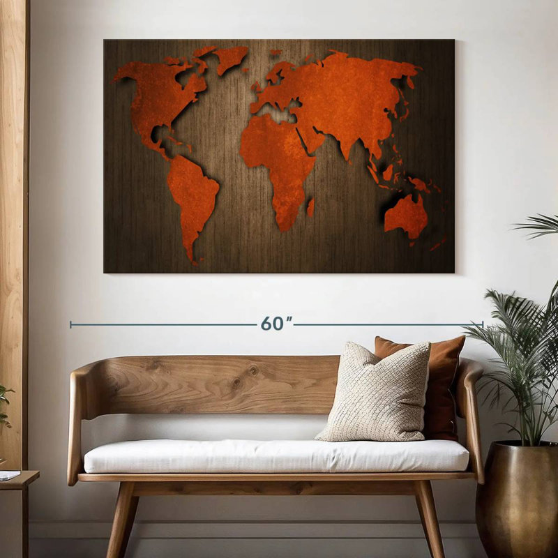 Ancienne carte du monde en bois Aliaz, H 34 po x l 51 po