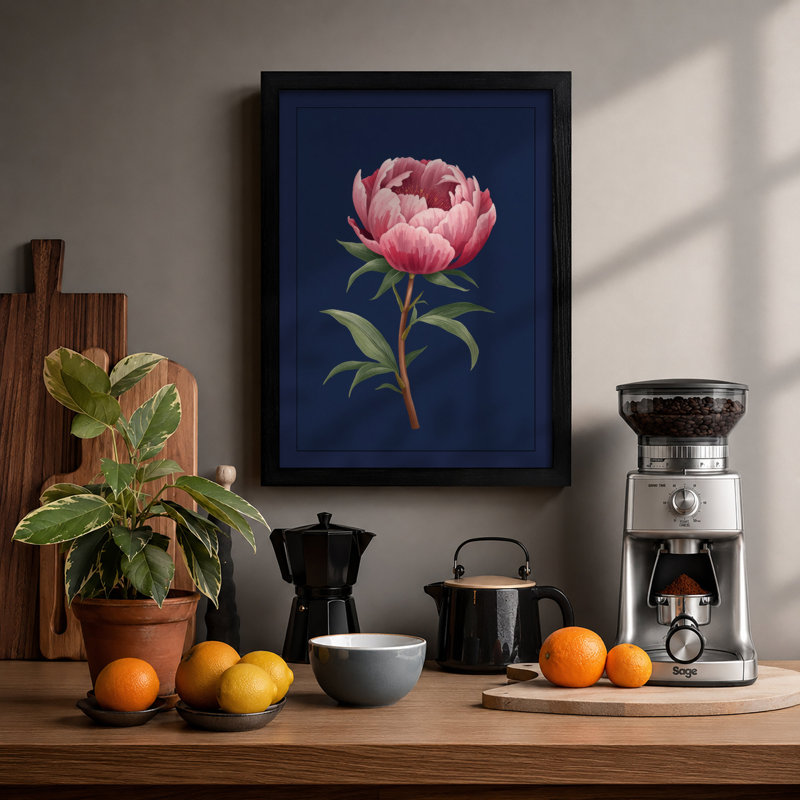 Peony in Navy Botanical - Framed Print, Black, A3 - 42.0 x 29.7 cm