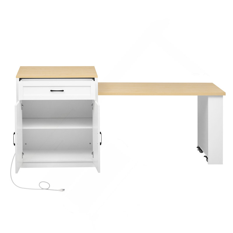 Îlot de cuisine de 82,7 po avec table de salle à manger extensible pour 4 à 6 personnes, table de cuisine bicolore avec rangement double, prise de courant, îlot de cuisine avec rangement 2 tiroirs et 2 tablettes latérales ouvertes