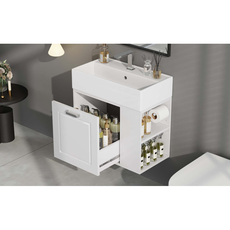 Meuble-lavabo mural de 21,8 po avec lavabo, meuble-lavabo avec un grand tiroir, tablette réglable et porte-papier hygiénique, système de fermeture en douceur