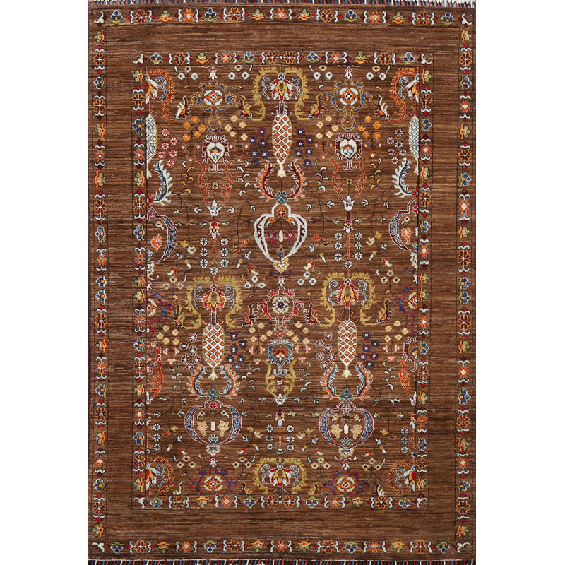 Tapis brun en laine noué à la main de conception unique 5 pi x 6 pi 7 po