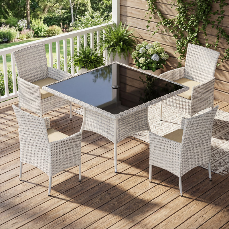 5-Piece Outdoor Rattan Dining Set With Cushions, Armchairs, And A Tempered-Glass Top Table, Taupe