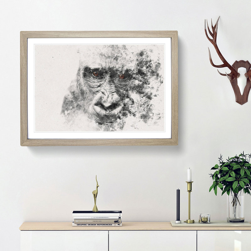 Gorilla with Brown Eyes - Picture Frame Painting Print on MDF, Oak Framed, 45cm H x 63cm W x 2cm D