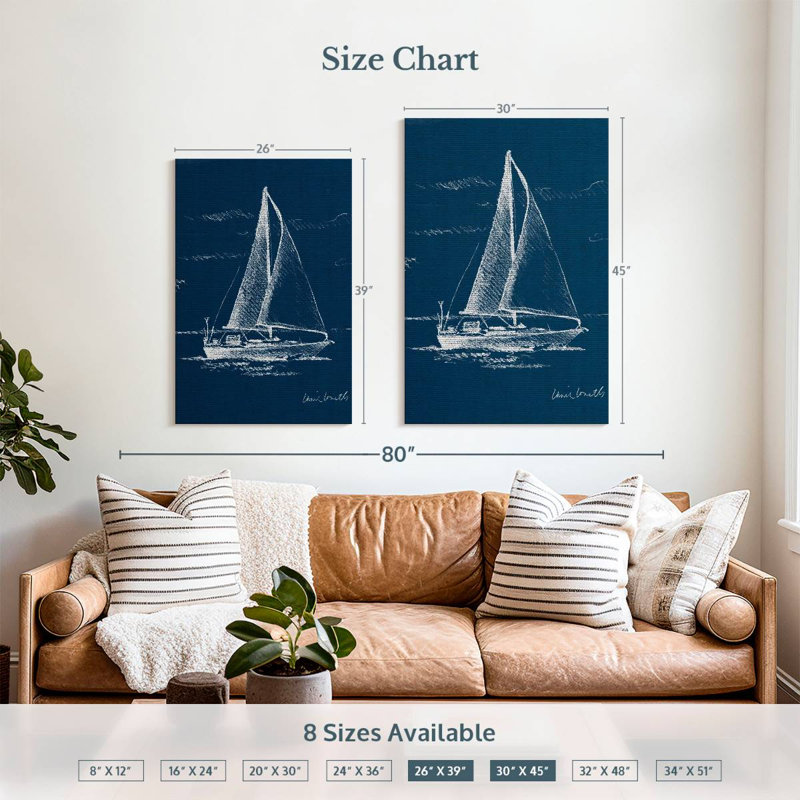 Voilier Mehar sur toile de jute bleue I, H 39 po x l 26 po