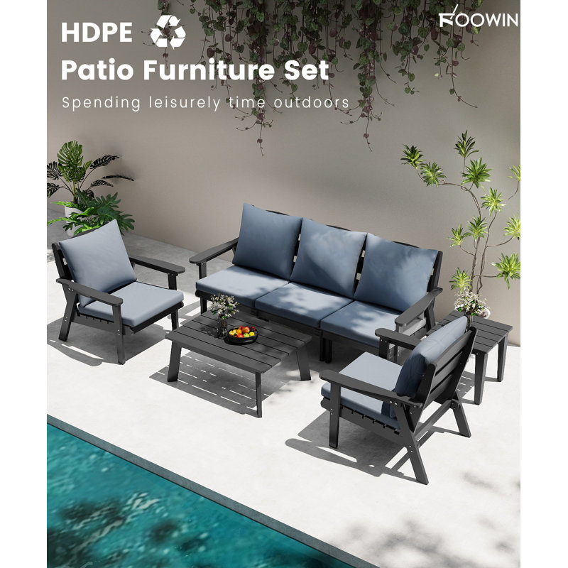7-piece Hdpe Outdoor Patio Conversation Set With Cushions, Gray, Gray