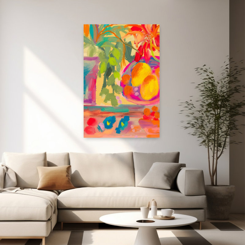 «Vibrant Tropical Still Life», art abstrait de plantes fruitières colorées et audacieuses, H 60 po x l 40 po