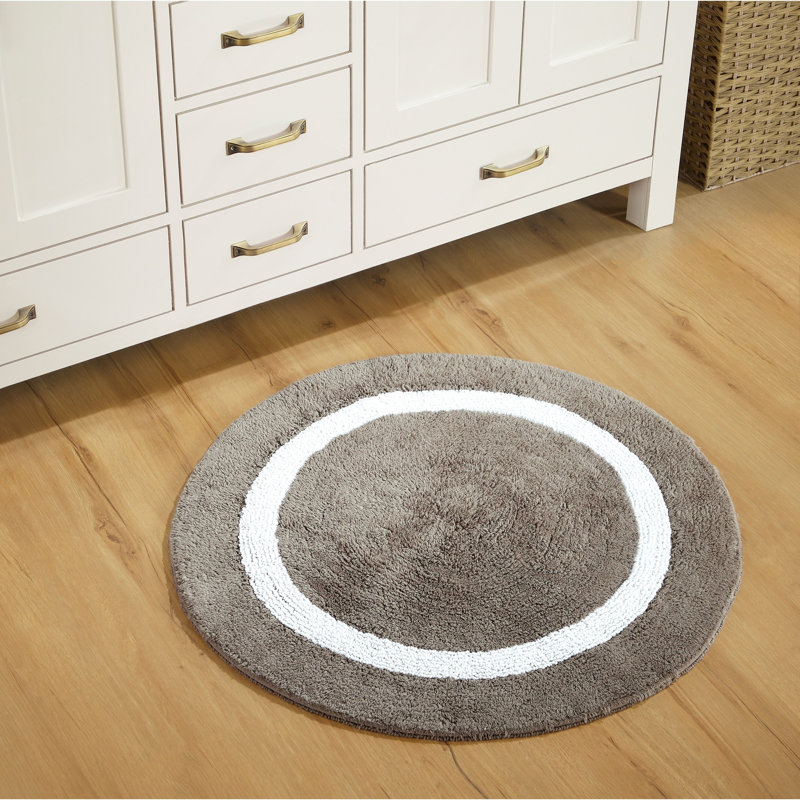 Tapis pour salle de bain réversible 100% coton Widman, Rond 30 po, Beige / Blanc