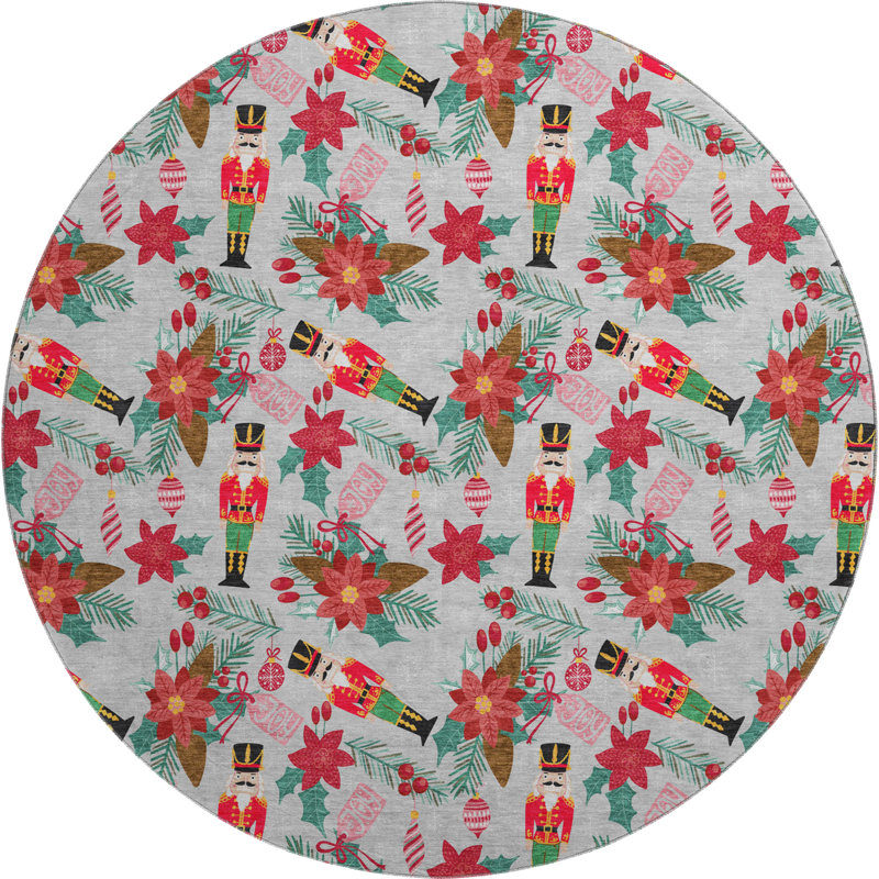Premium Machine Washable Dockside AMF1822 Nutcracker and Poinsettia Rug, Round 8'