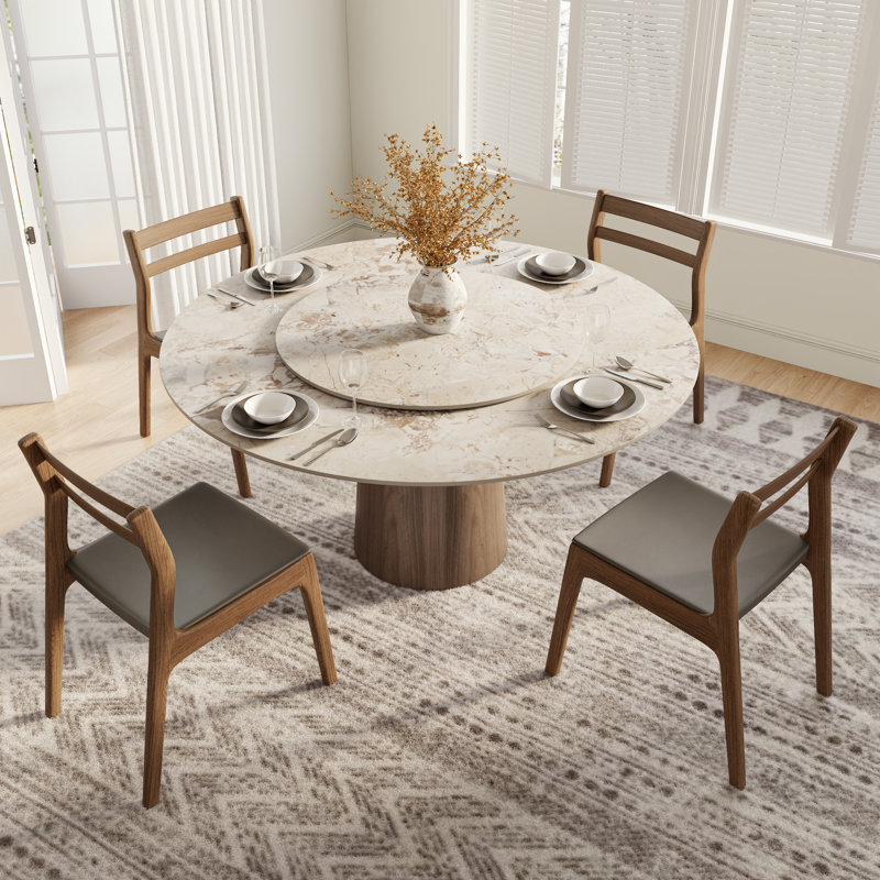 Amberly Stylish Round Dining Table With Lazy Susan - Stone Top And Solid Wood Base For Modern Dining, Monet Garden