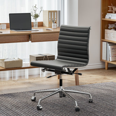 Chaise de conférence en cuir véritable sans accoudoirs avec structure et roues en aluminium, chaise de bureau pivotante sans accoudoirs, chaise de bureau en cuir fleur
