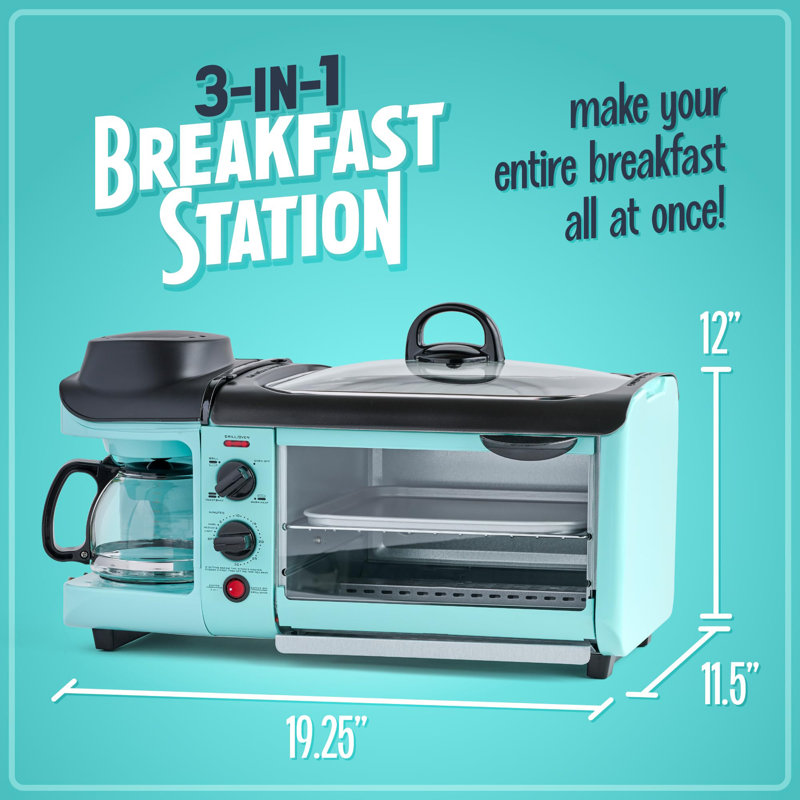 3-in-1 Breakfast Station with Coffee Maker, Non-Stick Griddle, and 4-Slice Toaster Oven