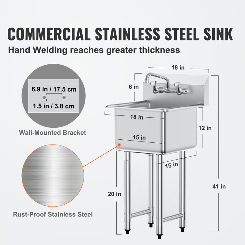 VEVOR 18'' L x 15'' W Silver Free Standing Service Sink with Faucet