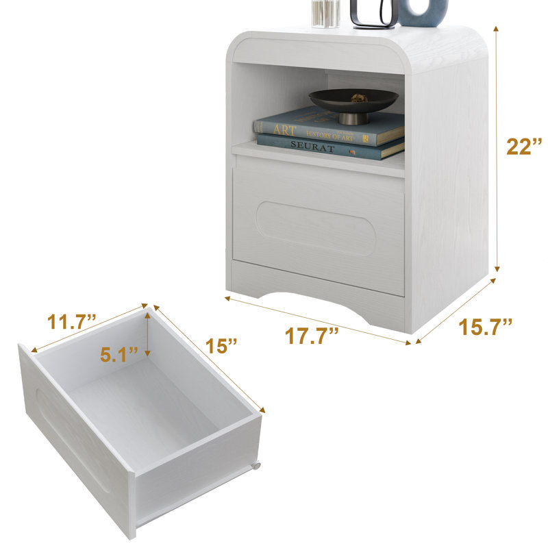 Nightstand Set Of 2, Bedside Table With Drawer Storage And Open Compartment, Nightstands End Table 22" Large Curved Edge Design Night Stands For Bedroom Living Room Sofa Office