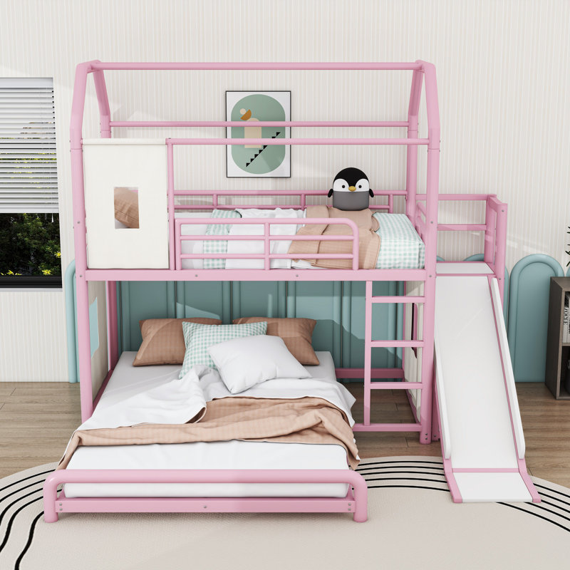 Lit superposé en métal avec design maisonnette, glissade et éclairage à DEL, tablettes, Jumeaux sur complet, Rose