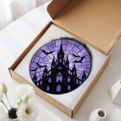 12"H Gothic Castle Stained Glass Window Panel